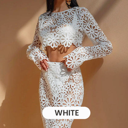 Balmy Summers Crochet Lace Floral Pattern Elastic Waist Fishtail Vacation Maxi Skirt