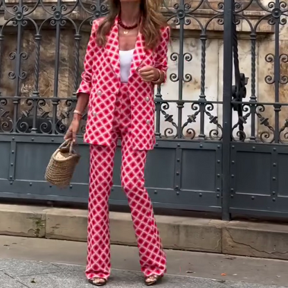 Chic Lady Unique Print Metal Button Pocketed Lapel Blazer and Elastic Waist Flare Pants Set