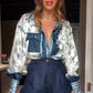 Bohemian Elegant Satin Contrast Color Unique Print Button Up Pocket Loose Blouse