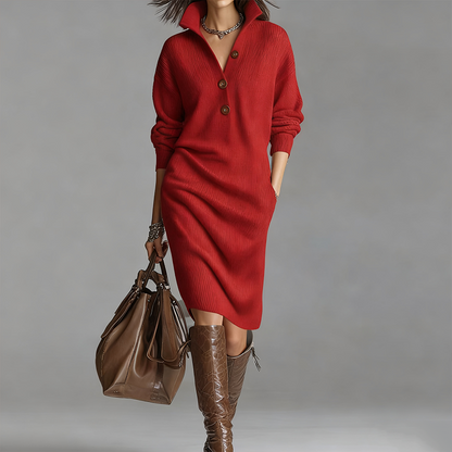 💖Black Friday Mega Deal – 50% off!💖Women's ribbed knit dress with shirt collar and button placket