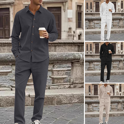 📢📢50%  OFF !! ⏰Men's Textured Long Sleeve Shirt & Pants Set