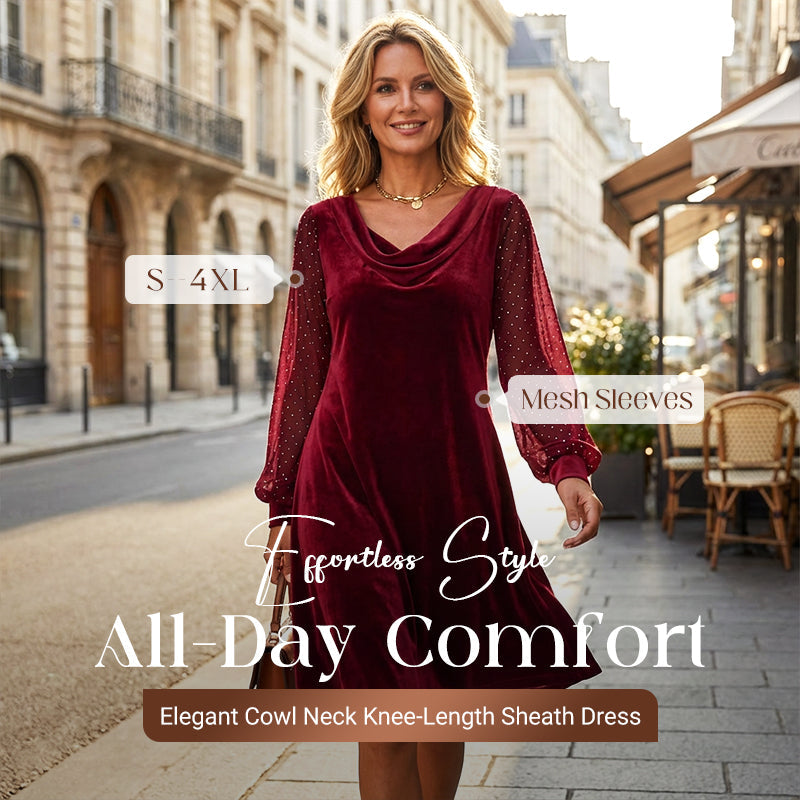 Trending Now Free Shipping👗✨ Cowl Neck Dress with Sparkly Mesh Sleeves – Relaxed Shift Silhouette & Glamorous Detail for Evening Events