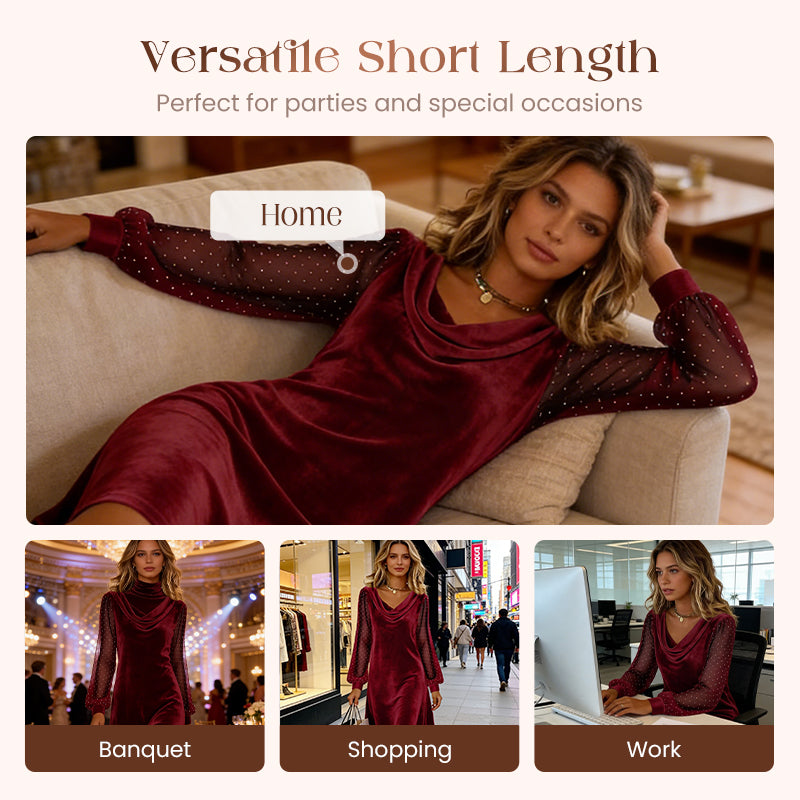 Trending Now Free Shipping👗✨ Cowl Neck Dress with Sparkly Mesh Sleeves – Relaxed Shift Silhouette & Glamorous Detail for Evening Events