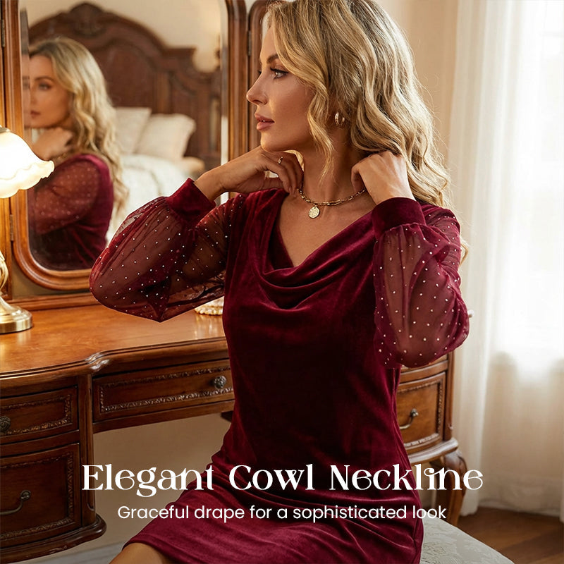 Trending Now Free Shipping👗✨ Cowl Neck Dress with Sparkly Mesh Sleeves – Relaxed Shift Silhouette & Glamorous Detail for Evening Events