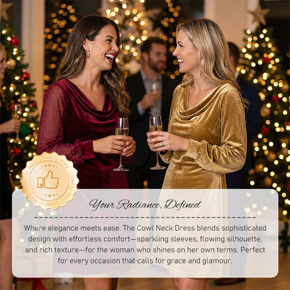 Trending Now Free Shipping👗✨ Cowl Neck Dress with Sparkly Mesh Sleeves – Relaxed Shift Silhouette & Glamorous Detail for Evening Events