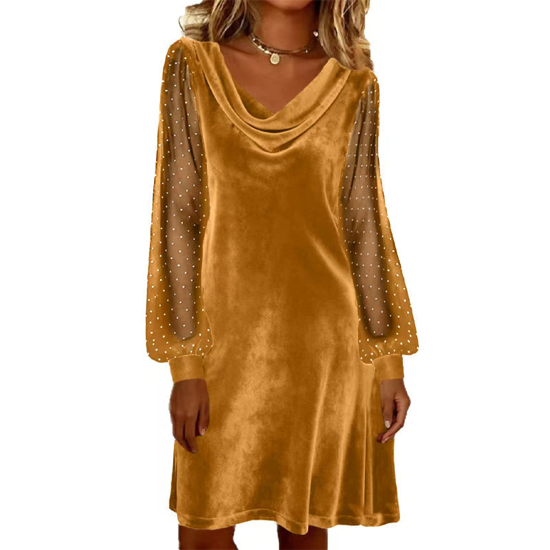 Trending Now Free Shipping👗✨ Cowl Neck Dress with Sparkly Mesh Sleeves – Relaxed Shift Silhouette & Glamorous Detail for Evening Events
