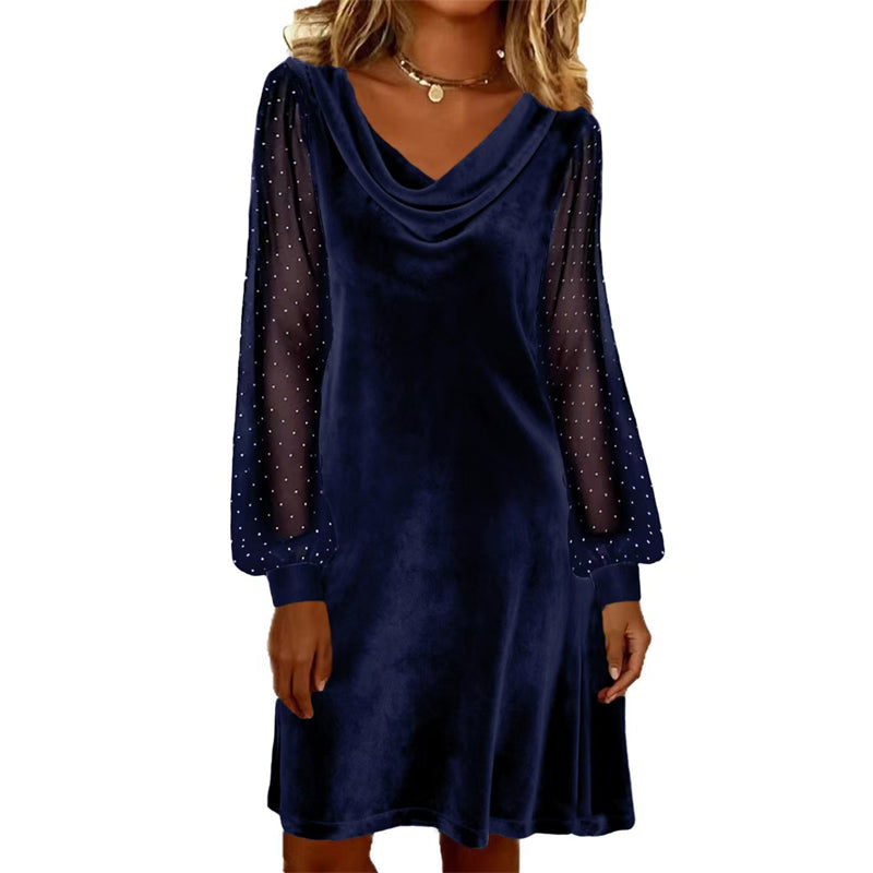 Trending Now Free Shipping👗✨ Cowl Neck Dress with Sparkly Mesh Sleeves – Relaxed Shift Silhouette & Glamorous Detail for Evening Events