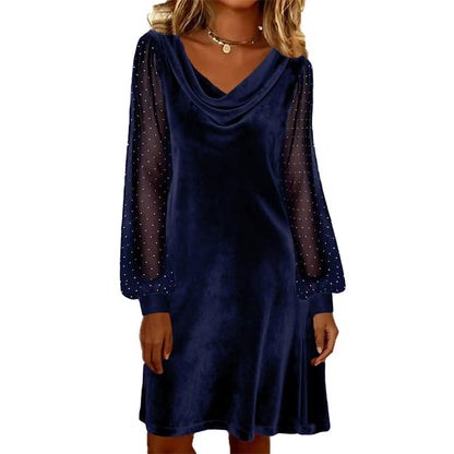 Trending Now Free Shipping👗✨ Cowl Neck Dress with Sparkly Mesh Sleeves – Relaxed Shift Silhouette & Glamorous Detail for Evening Events