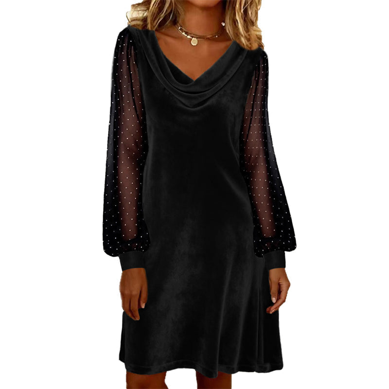 Trending Now Free Shipping👗✨ Cowl Neck Dress with Sparkly Mesh Sleeves – Relaxed Shift Silhouette & Glamorous Detail for Evening Events