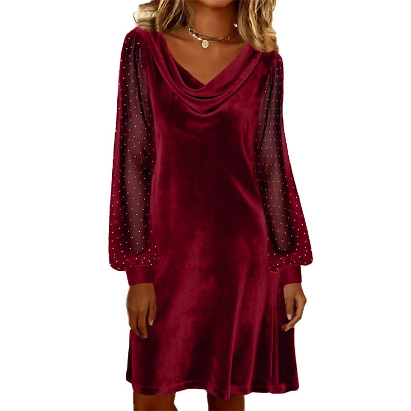 Trending Now Free Shipping👗✨ Cowl Neck Dress with Sparkly Mesh Sleeves – Relaxed Shift Silhouette & Glamorous Detail for Evening Events