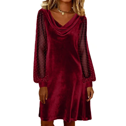 Trending Now Free Shipping👗✨ Cowl Neck Dress with Sparkly Mesh Sleeves – Relaxed Shift Silhouette & Glamorous Detail for Evening Events