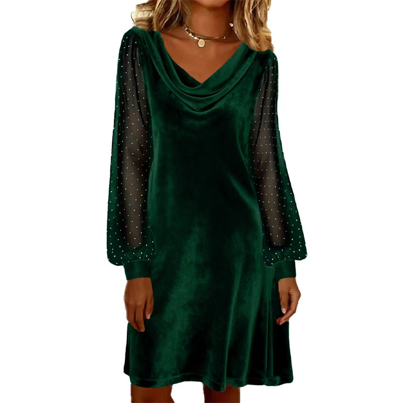 Trending Now Free Shipping👗✨ Cowl Neck Dress with Sparkly Mesh Sleeves – Relaxed Shift Silhouette & Glamorous Detail for Evening Events