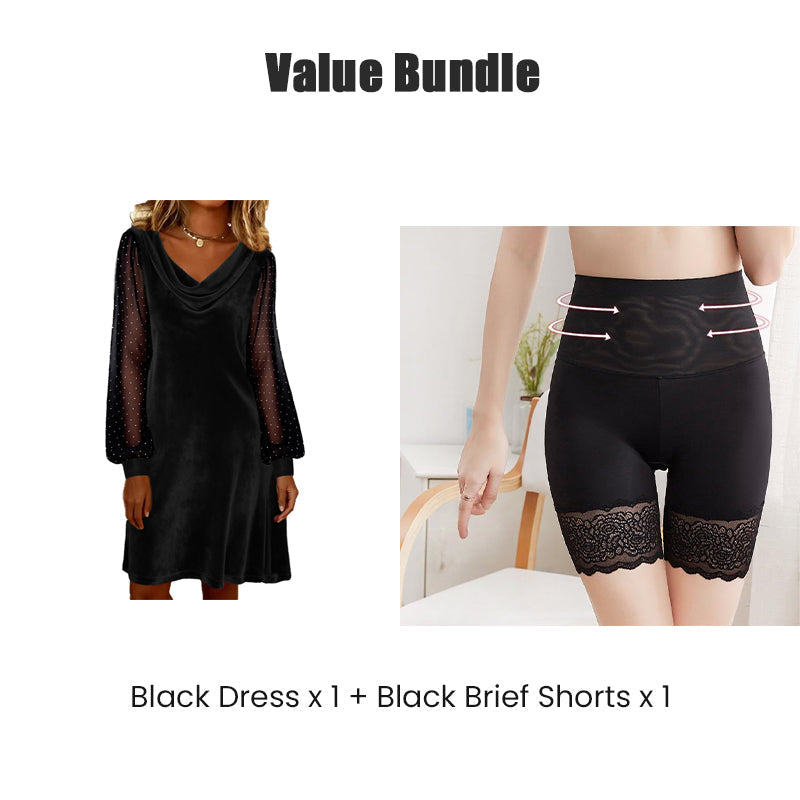 Trending Now Free Shipping👗✨ Cowl Neck Dress with Sparkly Mesh Sleeves – Relaxed Shift Silhouette & Glamorous Detail for Evening Events