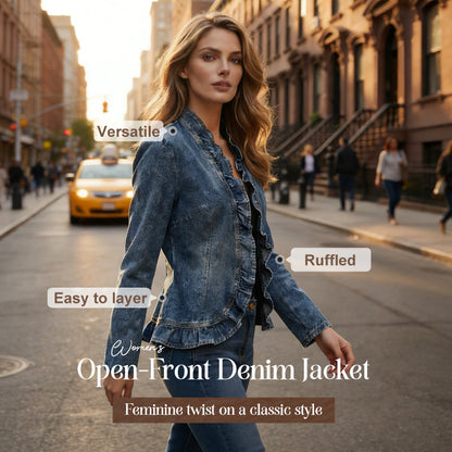 ⏳Limited-time 50% off⏰Women's Ruffle Trim Open-Front Denim Jacket🧥