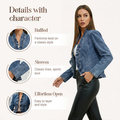 ⏳Limited-time 50% off⏰Women's Ruffle Trim Open-Front Denim Jacket🧥