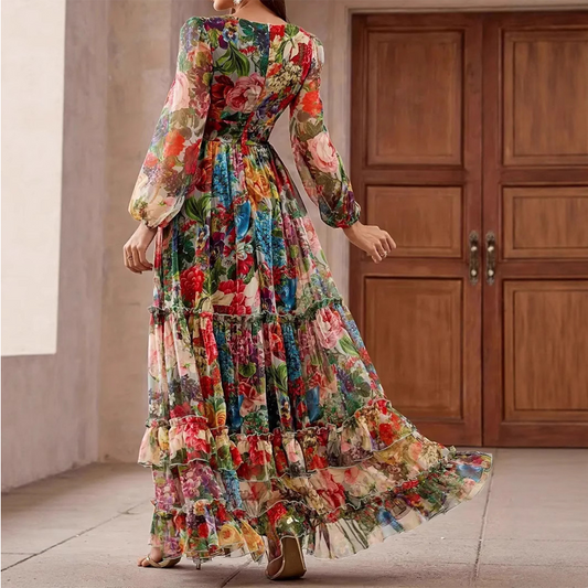 Romantic V-Neck Lantern Sleeve Floral Dress