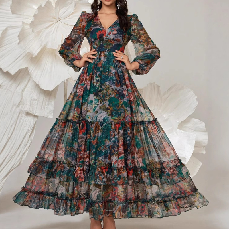 Romantic V-Neck Lantern Sleeve Floral Dress