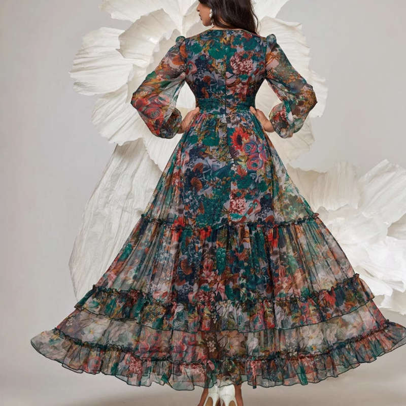 Romantic V-Neck Lantern Sleeve Floral Dress