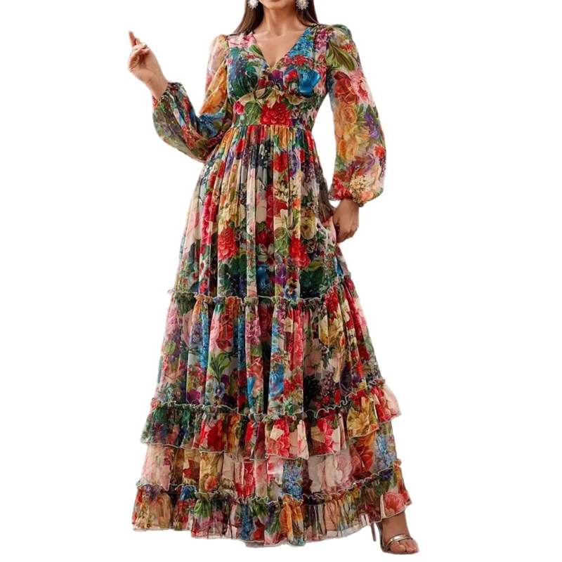 Romantic V-Neck Lantern Sleeve Floral Dress