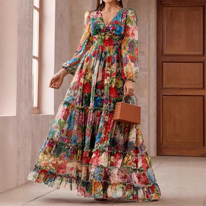 Romantic V-Neck Lantern Sleeve Floral Dress