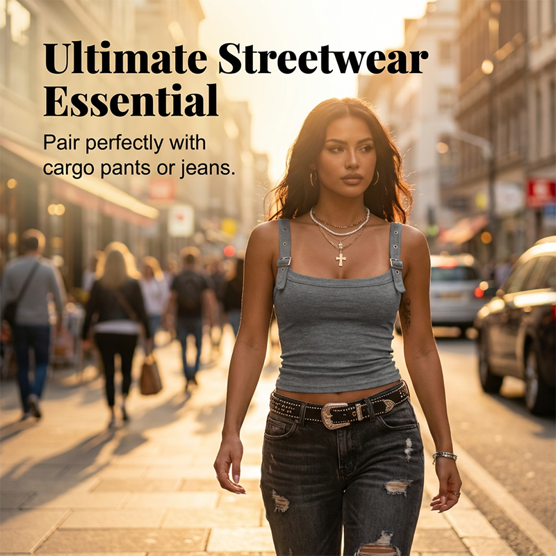 🥳 SUMMER HOT SALE 💞 Women's Adjustable Buckle Ribbed Tank – Edgy Y2K Style & Perfect Fit ✨