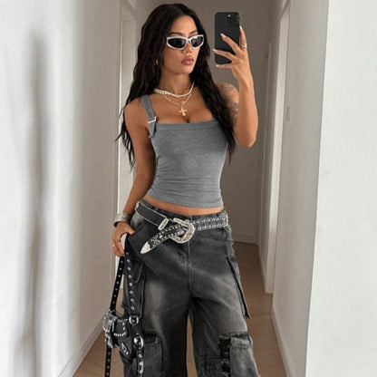 🥳 SUMMER HOT SALE 💞 Women's Adjustable Buckle Ribbed Tank – Edgy Y2K Style & Perfect Fit ✨