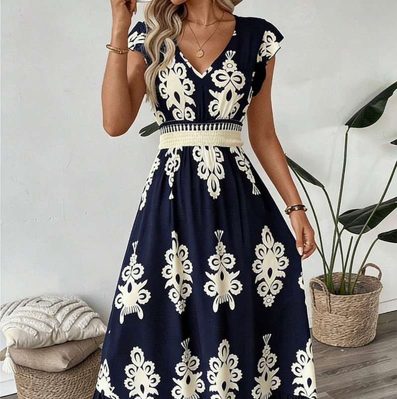 👗New arrival 50% OFF!🏖️Women's V-Neck Baroque Print Flowy Maxi Dress