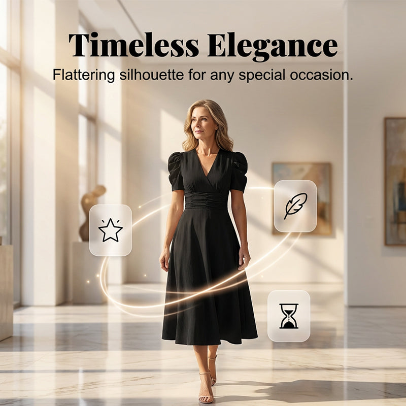 👗 2026 Sale — Over 39 400 Sold!💐 Elegant V‑Neck High Waist Dress with Puff Sleeve