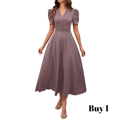 🥳2026 HOT SALE🥳💞50K+ SOLD!💥💕🌿 50% OFF! Elegant Puff Sleeve Dress – V-neck & high waist create hourglass shape. Breathable, wrinkle-resistant. Perfect for mature women. 👗✅