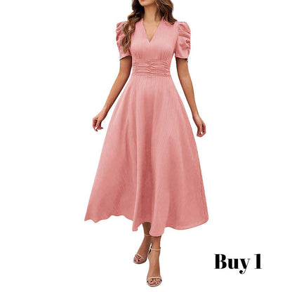 🥳2026 HOT SALE🥳💞50K+ SOLD!💥💕🌿 50% OFF! Elegant Puff Sleeve Dress – V-neck & high waist create hourglass shape. Breathable, wrinkle-resistant. Perfect for mature women. 👗✅