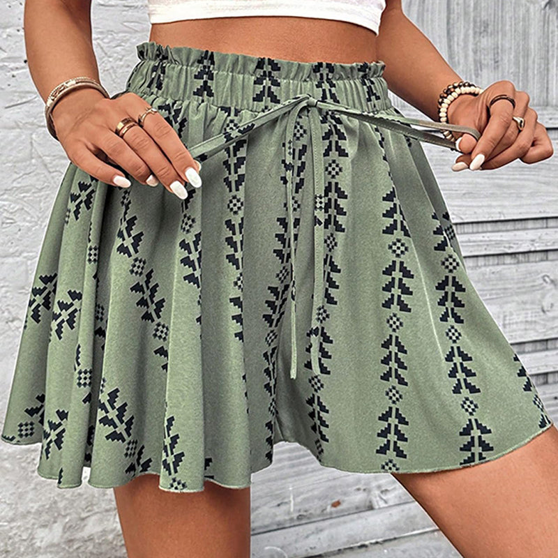 🩳50% OFF NOW! Women's Bohemian Print High‑Waist Shorts‑Elastic Drawstring Ruffle Waist Flowy Boho Short Skort, Loose Casual Summer Beach Vacation Bottoms