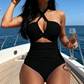 Criss Cross Halter Neck High Waisted One-Piece Swimsuit