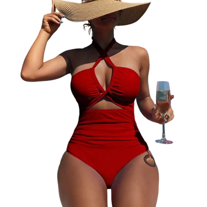 Criss Cross Halter Neck High Waisted One-Piece Swimsuit