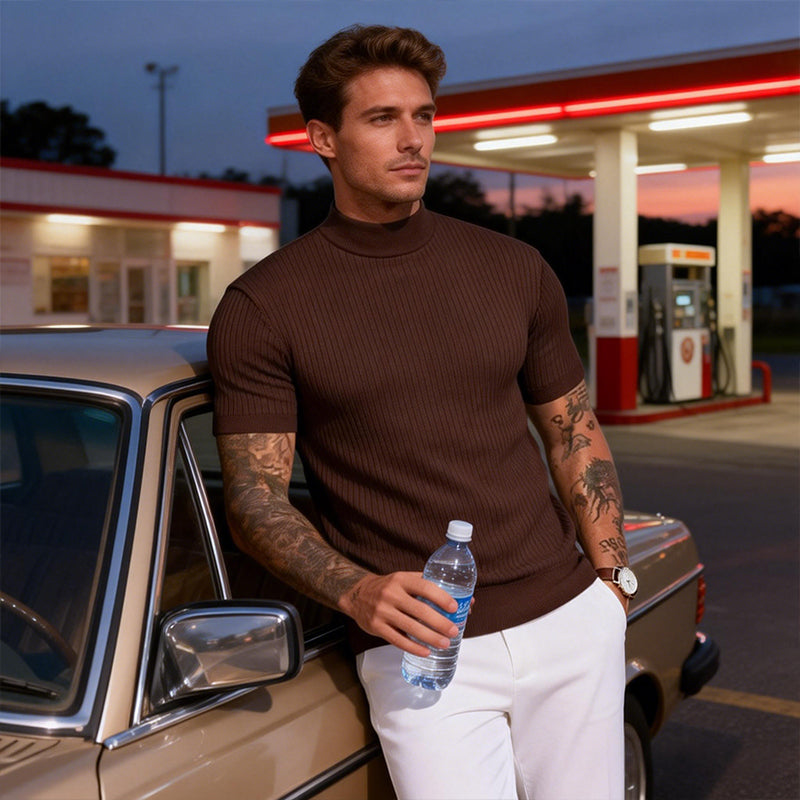 👕 LIMITED-TIME 50% OFF & FREE SHIPPING! ✨ Men's Slim Mock Neck T-Shirt – Ribbed, Short Sleeve, 6 Colors 🍁
