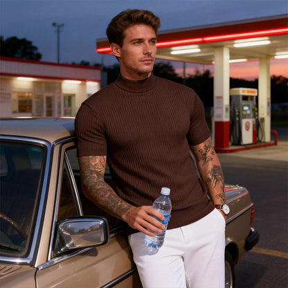 👕 LIMITED-TIME 50% OFF & FREE SHIPPING! ✨ Men's Slim Mock Neck T-Shirt – Ribbed, Short Sleeve, 6 Colors 🍁