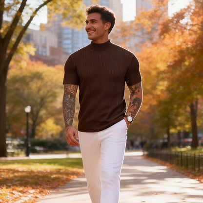👕 LIMITED-TIME 50% OFF & FREE SHIPPING! ✨ Men's Slim Mock Neck T-Shirt – Ribbed, Short Sleeve, 6 Colors 🍁