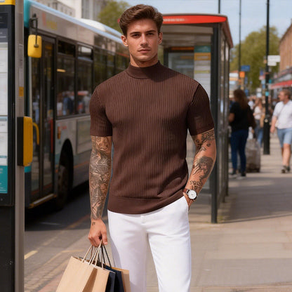 👕 LIMITED-TIME 50% OFF & FREE SHIPPING! ✨ Men's Slim Mock Neck T-Shirt – Ribbed, Short Sleeve, 6 Colors 🍁