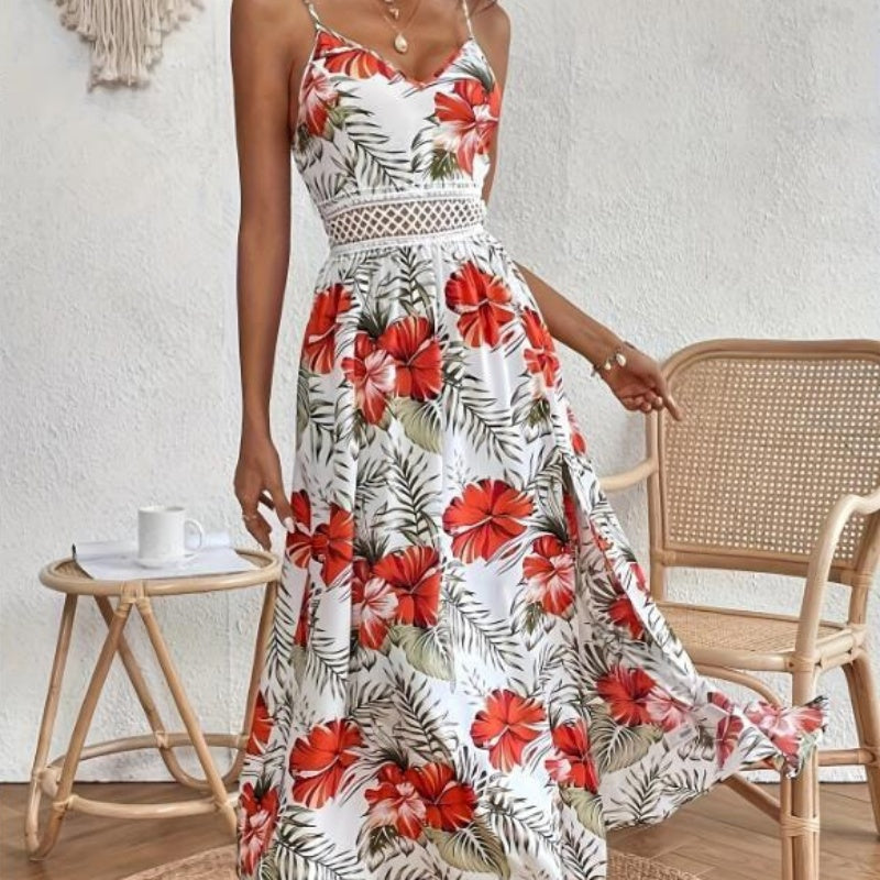 📢📢30% OFF !! ⏰Women’s Floral Print High Slit Spaghetti Strap Flowy Dress