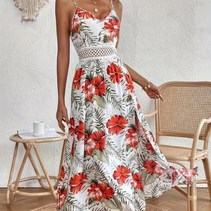 📢📢30% OFF !! ⏰Women’s Floral Print High Slit Spaghetti Strap Flowy Dress