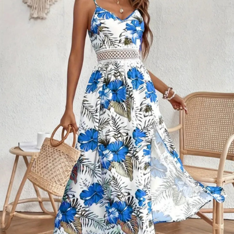 📢📢30% OFF !! ⏰Women’s Floral Print High Slit Spaghetti Strap Flowy Dress