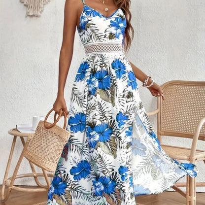 📢📢30% OFF !! ⏰Women’s Floral Print High Slit Spaghetti Strap Flowy Dress