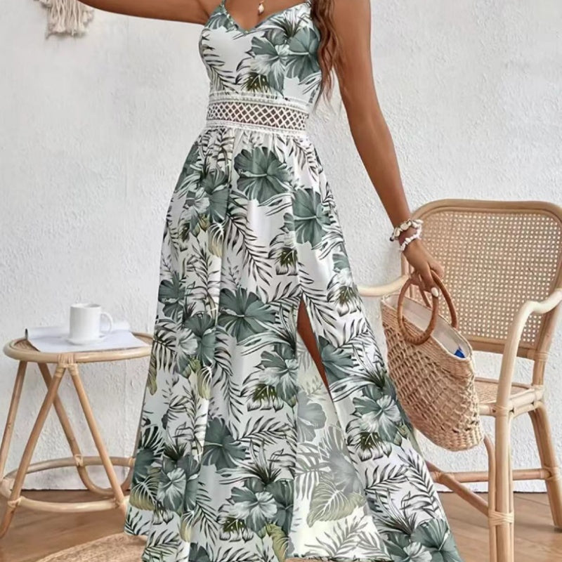 📢📢30% OFF !! ⏰Women’s Floral Print High Slit Spaghetti Strap Flowy Dress