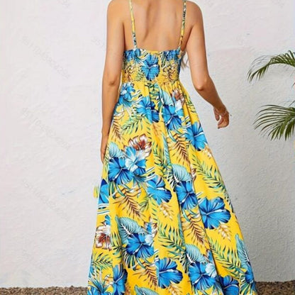 📢📢30% OFF !! ⏰Women’s Floral Print High Slit Spaghetti Strap Flowy Dress