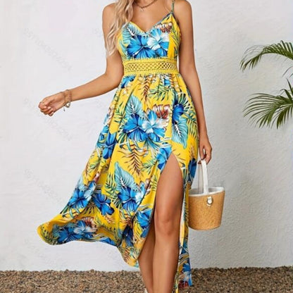 📢📢30% OFF !! ⏰Women’s Floral Print High Slit Spaghetti Strap Flowy Dress