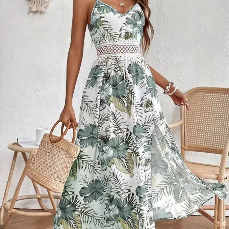 📢📢30% OFF !! ⏰Women’s Floral Print High Slit Spaghetti Strap Flowy Dress