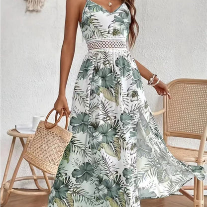 📢📢30% OFF !! ⏰Women’s Floral Print High Slit Spaghetti Strap Flowy Dress