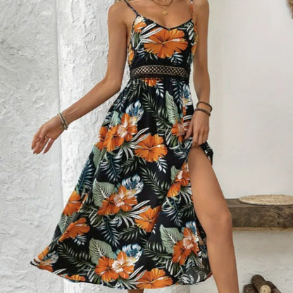 📢📢30% OFF !! ⏰Women’s Floral Print High Slit Spaghetti Strap Flowy Dress
