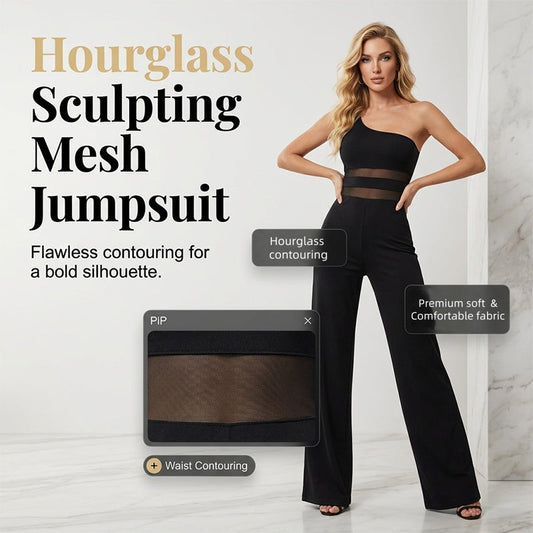 📢📢40% OFF !! ⏰One-Shoulder Mesh Panel Wide-Leg Jumpsuit