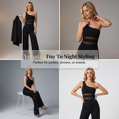 📢📢40% OFF !! ⏰One-Shoulder Mesh Panel Wide-Leg Jumpsuit