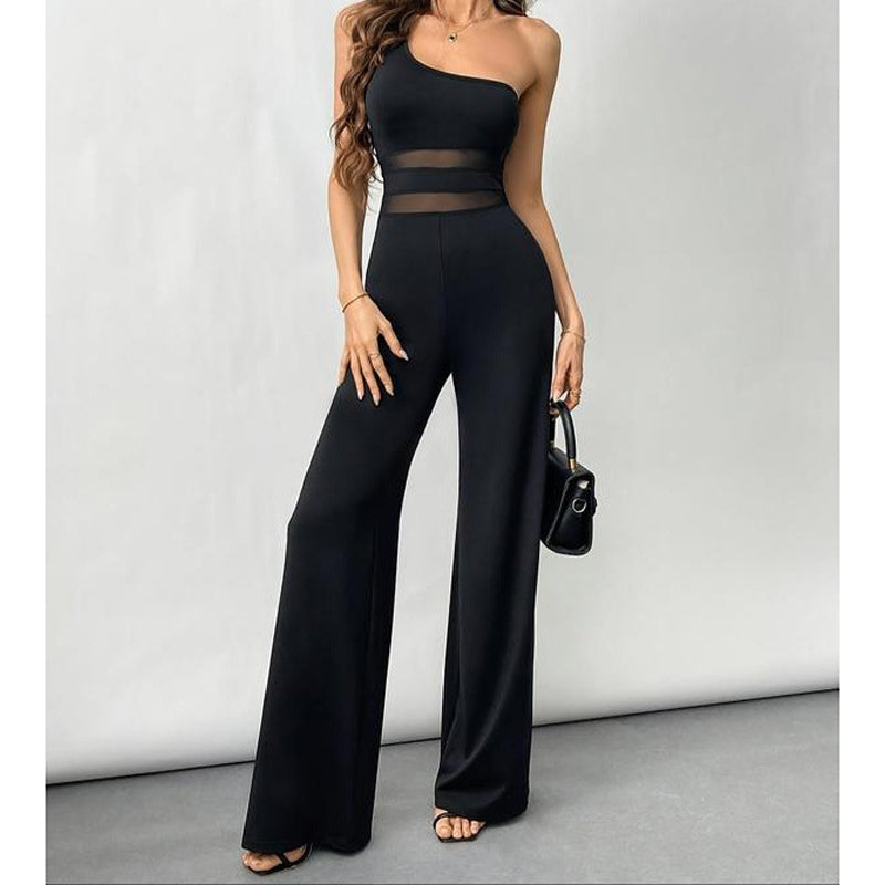 📢📢40% OFF !! ⏰One-Shoulder Mesh Panel Wide-Leg Jumpsuit